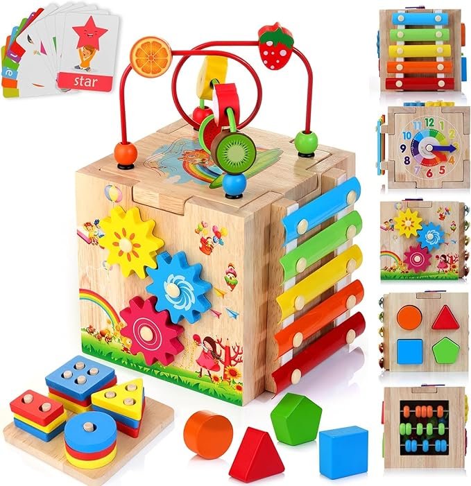HELLOWOOD Wooden Activity Cube Montessori Learning Toy